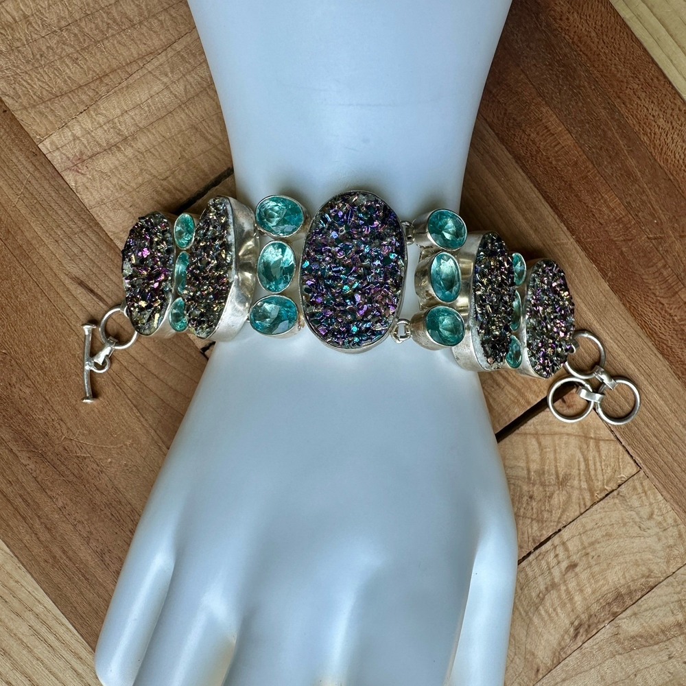 Artisan Bracelet 7.5 Inch Bornite Drusy Quartz Glass 925 Sterling 53.3g AS IS